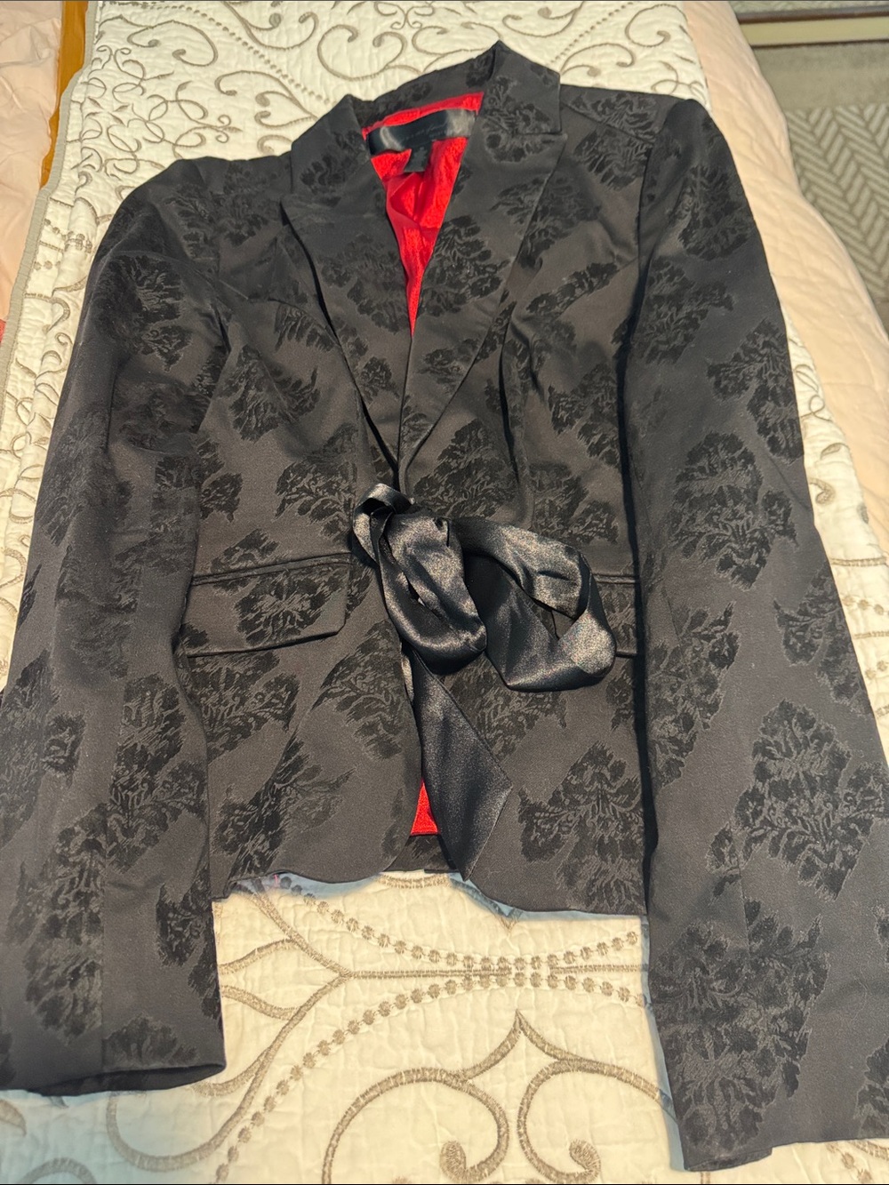 Apostrophe Black Floral Jacquard Blazer with Satin Waist Tie and Red Lining